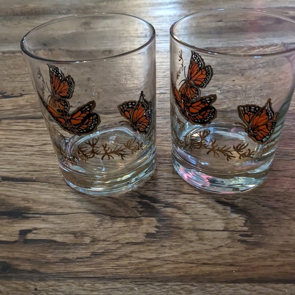 vintage couroc butterfly glasses Set of 2  MCM Orange Butterflies Low ball Glass - Picture 5 of 7
